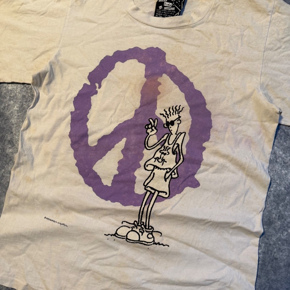 Vintage 1985 Fido Dido Peace of Mind T-Shirt Changes Tag Mens Large Cream Purple - Picture 5 of 9